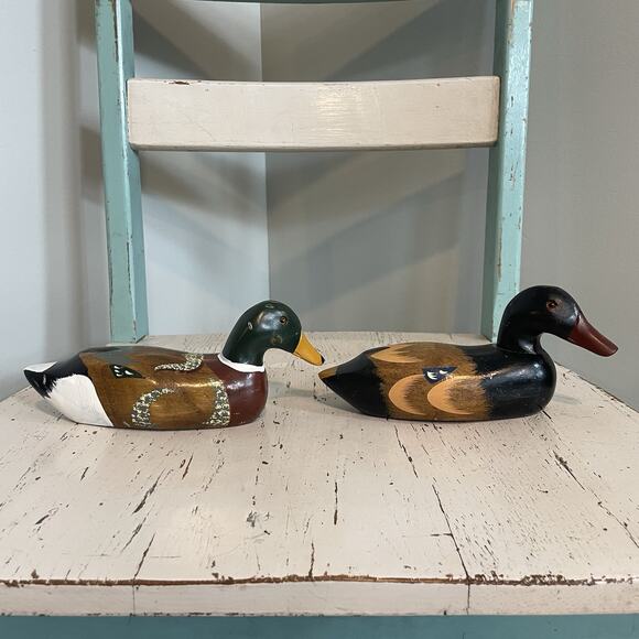Antique Wood Carved Hand Painted Ducks 8 Inch Lot Of 2 Vtg Hunting Old Mallard - Picture 4 of 8